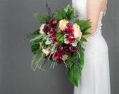 Burgundy Dahlia Wedding Bouquet: Fuchsia, Peach Silk Flowers
