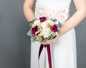 Boho Bridesmaid Bouquet, Wine Sola Flowers, Eucalyptus Ribbons