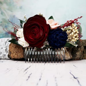 Burgundy rose bridal hair comb blush pink navy blue ivory sola flowers preserved eucalyptus ruscus brunia berry dried flowers wedding flower