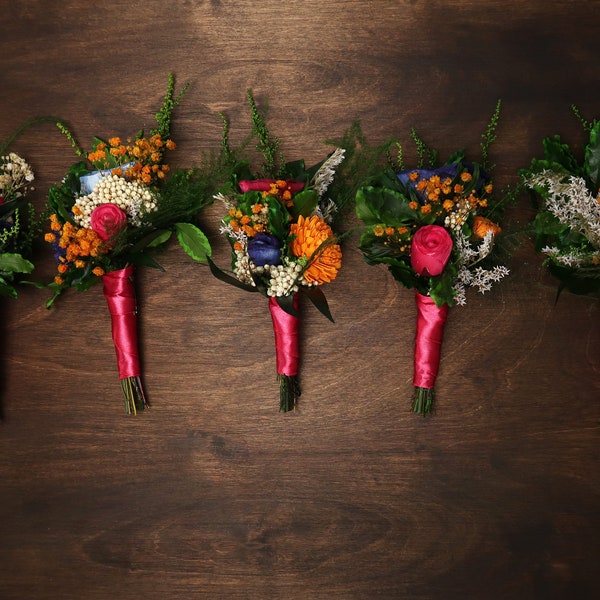 Wedding boutonniere fuchsia pink yellow blue orange sola flower, preserved greenery, boho Colorful vibrant wild Mexican wedding