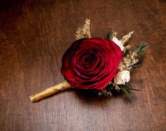 Deep red and gold sola rose flower boutonniere, elegant winter wedding, dried flowers preserved eucalyptus, single rose for Groom groomsman