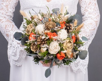 Fall sola flower wedding bouquet, gold green burnt orange ivory flowers autumn bouquet, preserved eucalyptus greenery pine cones