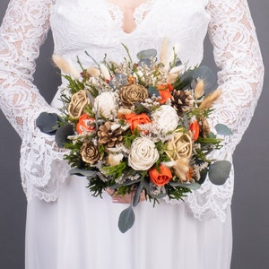 Fall sola flower wedding bouquet, gold green burnt orange ivory flowers autumn bouquet, preserved eucalyptus greenery pine cones