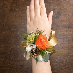 Burnt orange green and gold wrist corsage,fall wedding sola rose dried flowers grasses pine cone, autumn wedding bridesmaid mothers flowers