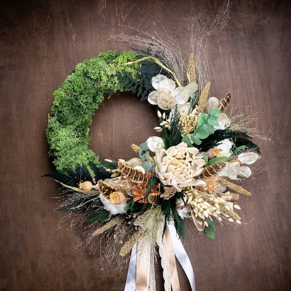 Boho rustic wreath with feathers and ribbons, preserved moss eucalyptus greenery, dried grasses, front door decor, natural country farmhouse