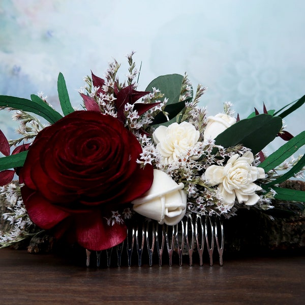 Deep red rose hair comb green eucalyptus Alternative bride Burgundy rustic southwestern wedding Sola dried Flowers bridal hair piece