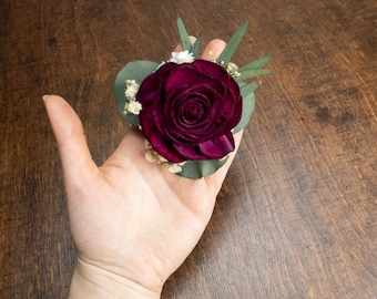 Red wine floral brooch corsage, sola flower preserved baby's breath and eucalyptus greenery, mother of bride flowers