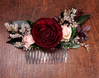 Bridal wedding hair comb in burgundy and blush pink, sola flowers hairpiece greenery