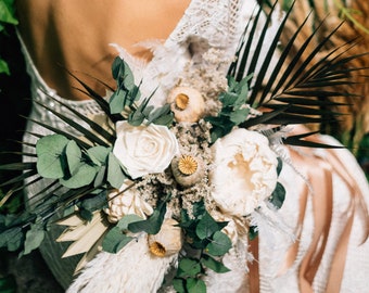 Boho chic pampas grass wedding bouquet, greenery dried flower bouquet, wild rustic boutonniere, neutral color bridal floral crown hair comb
