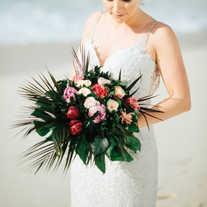 Real preserved flowers tropical cascading bouquet with pineapples proteas palms and monstera leaves, beach wedding, pink peach green bouquet image 1