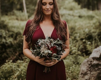 Woodland boho wedding protea bridesmaid bouquet, burgundy real flowers and greenery eucalyptus, woodsy realistic natural floral decoration