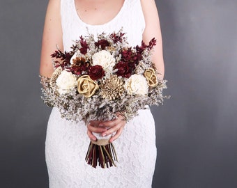 Ivory burgundy gold and brown rustic wedding BOUQUET with sola flowers, dried flowers, pine cones and cedar roses, burlap and lace on stem