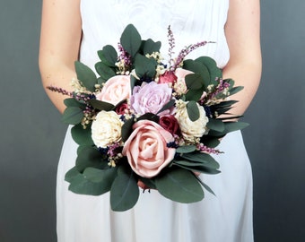 pink lavender ivory sola flowers preserved gypsophila eucalyptus lambs ears greenery heather lace Rustic pastel and deep red bridal bouquet