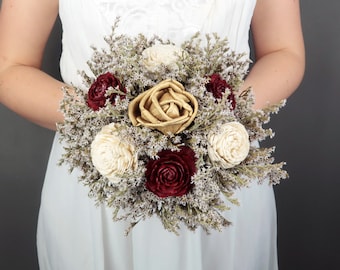 Small burgundy ivory gold rustic wedding BOUQUET sola Flowers, dried limonium, Burlap Handle, Flower girl, Bridesmaids, vintage fall toss