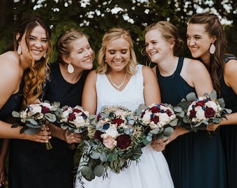 Burgundy, blush pink, navy cascading boho wedding bouquet, sola flowers, preserved eucalyptus baby's breath, elegant long ribbons