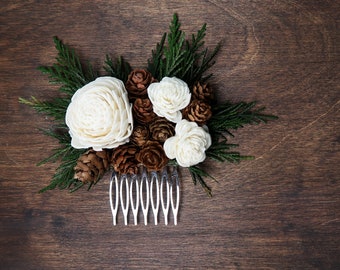 Woodland Wedding Hair Comb: Sola Flowers, Thuja & Cones