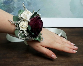 Burgundy wine rose wrist corsage ivory sola flowers preserved eucalyptus dried flowers mother of bride southwestern wedding flower