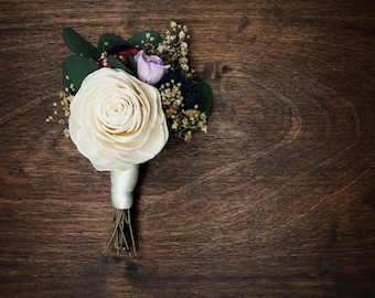 Natural groom wedding boutonniere ivory sola rose blue thistle preserved eucalyptus dusty pink lavender gypsophila vintage style elegant