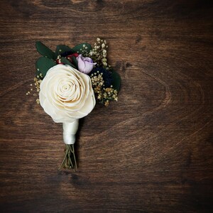 Natural groom wedding boutonniere ivory sola rose blue thistle preserved eucalyptus dusty pink lavender gypsophila vintage style elegant