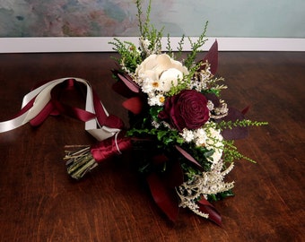 Preserved greenery burgundy wedding bouquet, natural dried flowers eucalyptus sola boho vintage style long ribbons original bridal medium