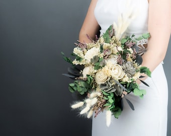 Dried grass bridal bouquet, gray ivory sola flowers preserved gypsophila eucalyptus lambs ears greenery real heather lace