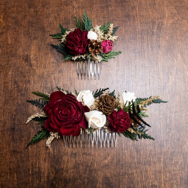 Burgundy rose winter wedding woodland hair comb with sola flowers, gold dried flowers and preserved woodland greenery, bridal hairpiece