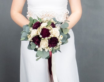 Medium boho wedding bouquet preserved eucalyptus dark Burgundy wine white ivory dried flowers sola vintage style long ribbons bridesmaid