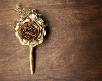 Gold glamour wedding boutonniere, cedar rose Sola Flowers dried flowers satin ribbon, elegant grooms flower