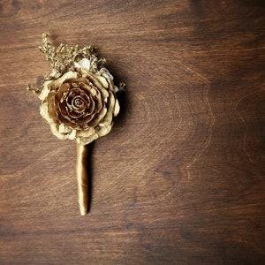 Gold glamour wedding boutonniere, cedar rose Sola Flowers dried flowers satin ribbon, elegant grooms flower