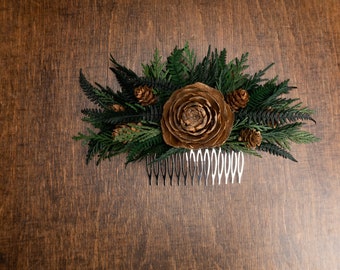 Woodland Wedding Hair Comb: Preserved Greenery, Pine Cone Bridal Hairpiece