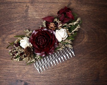 Green burgundy gold HAIR COMB cedar rose sola flowers rustic woodland wedding burlap hair piece bridal accessory
