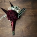 Natural wedding groom's boutonniere preserved eucalyptus burgundy sola rose flower greenery fall winter vintage elegant