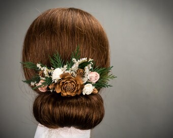 Woodland Wedding Hair Comb: Preserved Greenery, Sola Flowers & Pine Cones