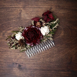 Green burgundy gold HAIR COMB cedar rose sola flowers rustic woodland wedding burlap hair piece bridal accessory image 1