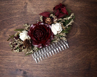 Green burgundy gold HAIR COMB cedar rose sola flowers rustic woodland wedding burlap hair piece bridal accessory