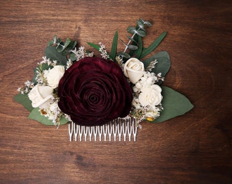 Dark Wine Burgundy rose wedding HAIR COMB, Bridal hairpiece, ivory Sola Flower preserved eucalyptus greenery, boho style flowers for hair