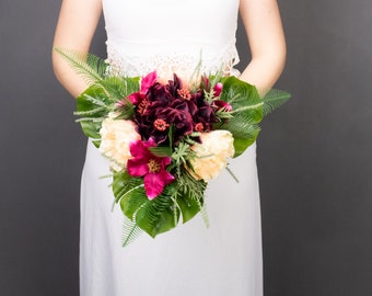 Tropical realistic artificial wedding bouquet, fuchsia burgundy peach flowers, monstera leaves, wedding greenery bridal bridesmaid bouquet