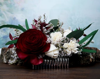 Deep red rose hair comb green eucalyptus Alternative bride Burgundy rustic southwestern wedding Sola dried Flowers bridal hair piece