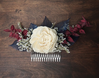 Burgundy and blue rustic HAIR COMB Sola Flower dried flowers hairpiece bridal accessory steel blue maroon