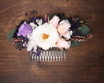 Luxury bridal hairpiece, White blush pink purple floral hair comb, romantic style Preserved real flowers, Bridal hairpiece