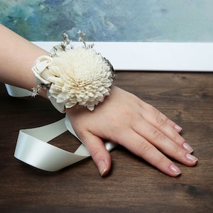 Ivory gray rustic wedding wrist corsage, bridesmaids mothers wooden dried sola flowers image 1