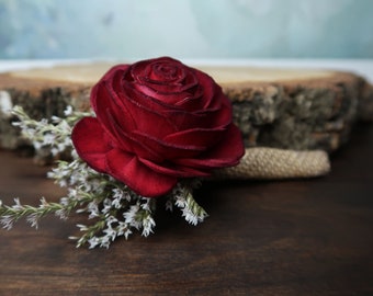 Ivory burgundy sola rose flower groomsman boutonniere southwestern rustic desert wedding burlap lace dried flowers autumn fall single rose