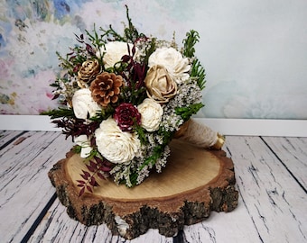 BIG ivory burgundy wine gold green rustic elegant autumn fall winter woodland wedding BOUQUET sola flower pine cone cedar rose satin ribbon