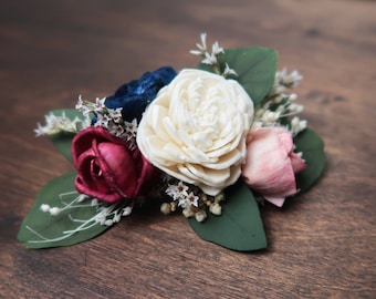 Blush pink navy and ivory floral wedding hairpiece, Barrette clip or hair comb with preserved eucalyptus, sola flowers perfect for updo