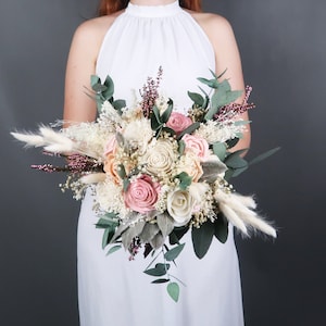 Rustic cottage pastel bridal bouquet, pink peach ivory sola flowers preserved gypsophila eucalyptus lambs ears greenery real heather lace