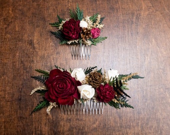Burgundy rose winter wedding woodland hair comb with sola flowers, gold dried flowers and preserved woodland greenery, bridal hairpiece