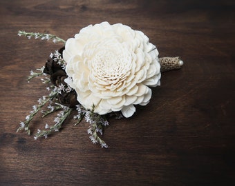 Ivory brown rustic wedding BOUTONNIERE groom groomsman Sola Flower dried limonium flowers burlap pearl