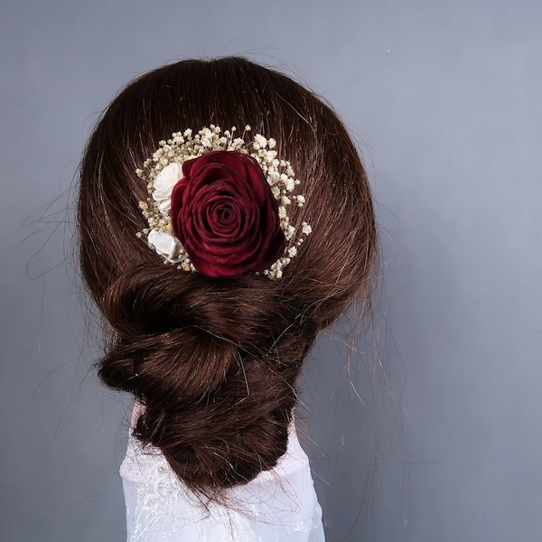 Burgundy deep red rose preserved gypsophila hair comb Alternative bride rustic woodland Sola Flower hairpiece bridal accessory gothic