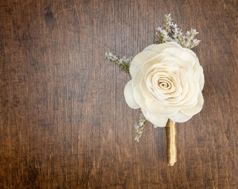 Ivory rose simple wedding boutonniere, gold ribbon, custom colors elegant boutonniere, Groom's flowers, preserved gypsophila