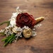 Ivory burgundy green gold rustic wedding Rustic BOUTONNIERE groom groomsman, Sola Flower cedar rose dried limonium satin ribbon